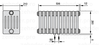 Схема (чертеж) Радиатор Zehnder Charleston 6026/11 №5410 Белый глянцевый RAL 9016